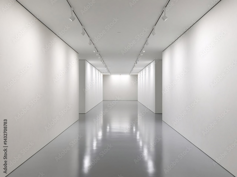 Obraz premium Modern Art Gallery Interior with White Walls and Reflective Gray Floor