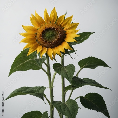 A wild sunflower with green leaves, white backdrop