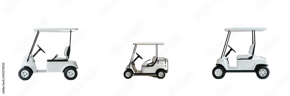 A set of sleek white golf carts with minimalistic design, perfect for leisure or sport visuals, isolated on a transparent background A set of sleek white golf carts with minimalistic design, perfect for leisure or sport visuals, isolated on a transparent background