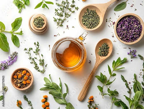Fresh Herbal Tea Ingredients with Leaves and Dried Herbs Spread photo