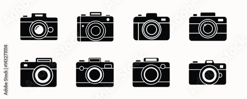 Vector Set of Black Camera Icons – Photography, Digital Cameras, and Imaging Equipment Symbols