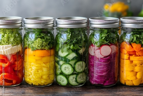 Colorful Vegetables in Glass Jars for Healthy Eating and Preservation