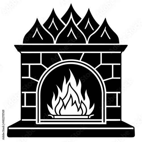 Line art vector silhouette of a fireplace with a crackling fire inside