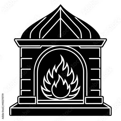 Line art vector silhouette of a fireplace with a crackling fire inside