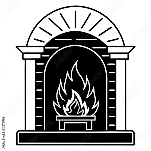 Line art vector silhouette of a fireplace with a crackling fire inside