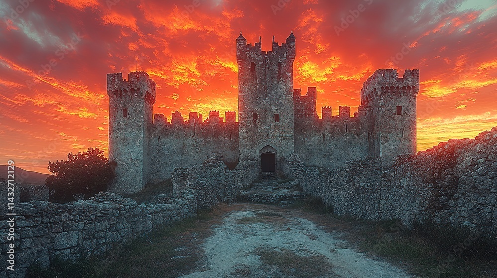 Fototapeta premium Dramatic Sunset Illuminates Ancient Castle's Stone Walls and Tow
