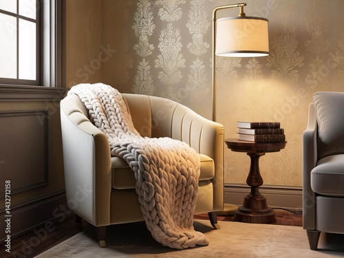Light spills onto knit throw inviting armchair gold accents in luxe interior style