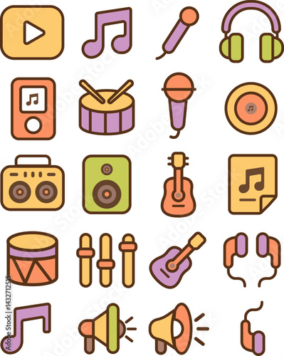 Music retro color icon set