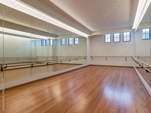 Empty dance studio interior with mirrors and wooden floor
