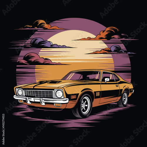 70s Muscle Car Vector - Retro Sunset Comic Style Art