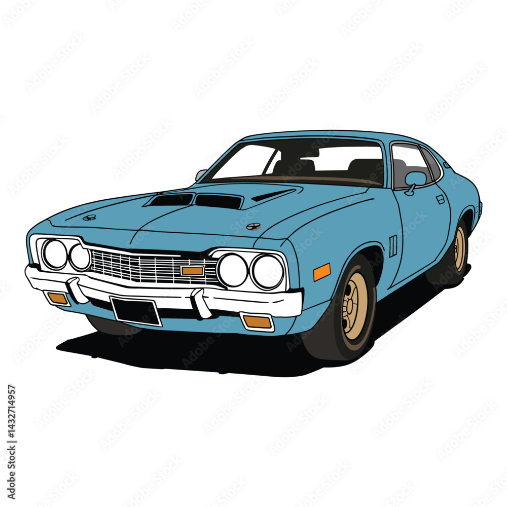 Fototapeta premium 70s Muscle Car Vector - Light Blue Coupe with Stripes