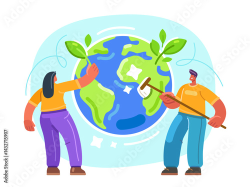 People working together for environmental conservation. Concept of sustainability and nature care