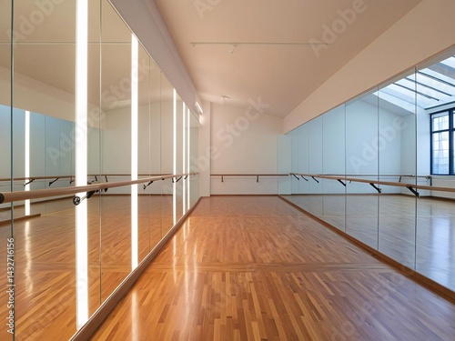 Empty Dance Studio with Mirrors, Barre, and Hardwood Floor