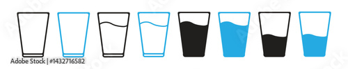 Water glass icon vector set in blue and back flat outline. Tall milk drink glass line pictogram. Stock vector