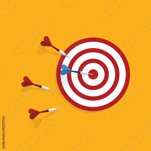 Business challenge failure and success concept. Red darts missed hitting target and only blue one hits the center.	