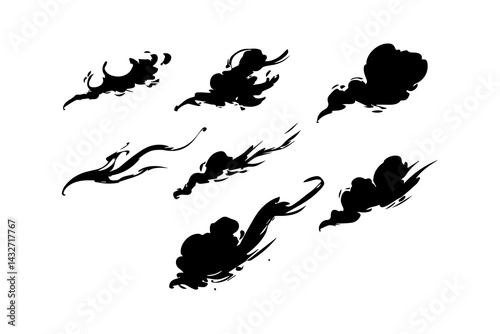 Dynamic black ink splashes create an expressive, abstract composition showcasing movement