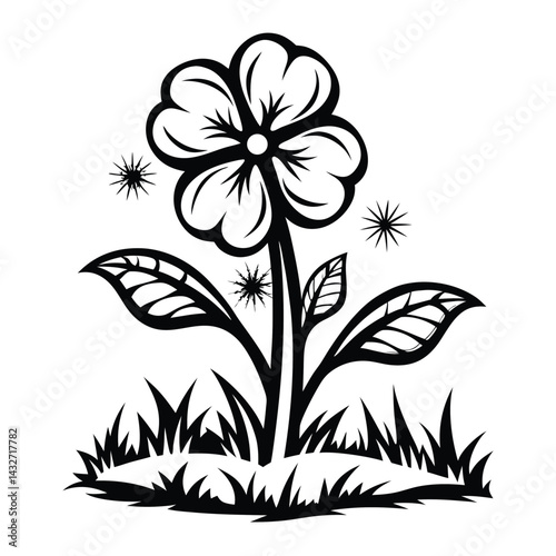 Black and White Floral Detailed Blossom, Leaves, Grass Silhouette Art