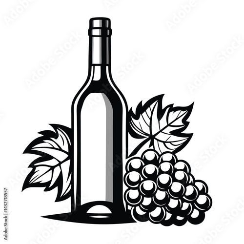 Monochrome Wine Bottle Clipart, Black Outline, Grapes Bunch, Grape Leaves, Elegant