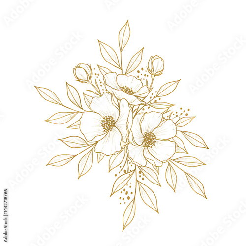 Floral arrangement with gold outline on flowers and leaves design element