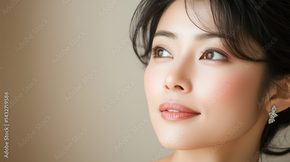 Fototapeta premium Elegant Asian woman with natural makeup, embodying timeless beauty and luxury