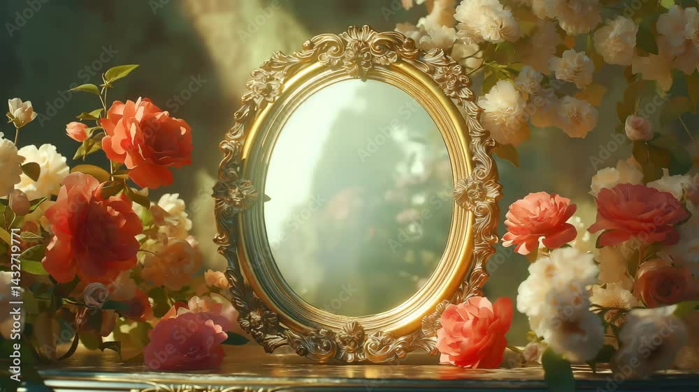 A circle frame gold antique on the table surrounded by flowers	