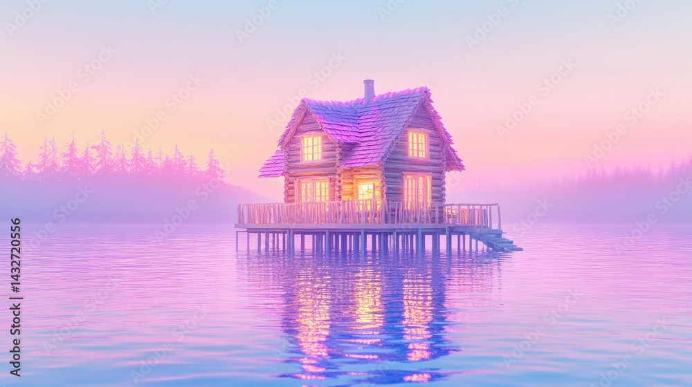 Fototapeta premium Pastel Lakeside Cabin at Sunrise