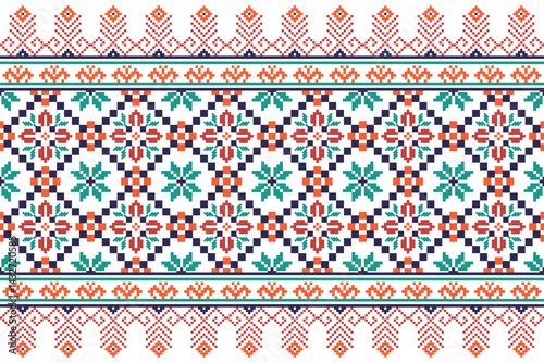 Cross stitch pattern concept showcasing traditional ethnic geometric pattern, Design for textile, background,carpet,wallpaper,clothing,wrapping,Batik,fabric,Vector illustration	
