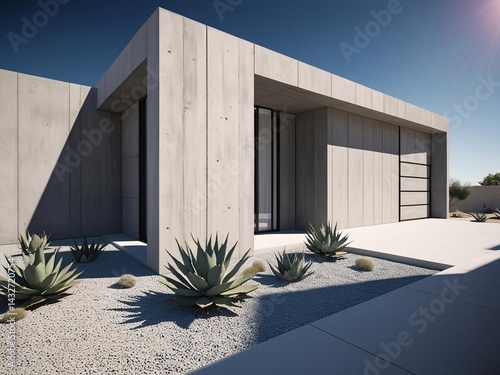 Brutalist architecture framed by xeriscape elegance in desert oasis