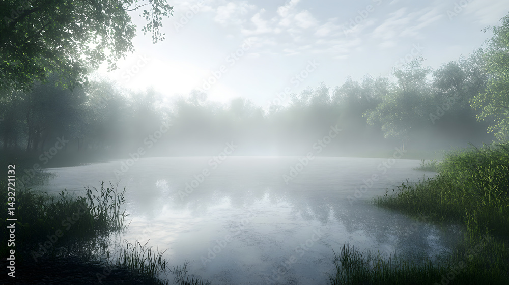 Mystical Fog Over Serene Lake: A breathtaking scene of a tranquil lake enveloped in a soft, ethereal fog, with lush green trees lining the banks, creating a serene and dreamlike ambiance. Mystical Fog Over Serene Lake: A breathtaking scene of a tranquil lake enveloped in a soft, ethereal fog, with lush green trees lining the banks, creating a serene and dreamlike ambiance.