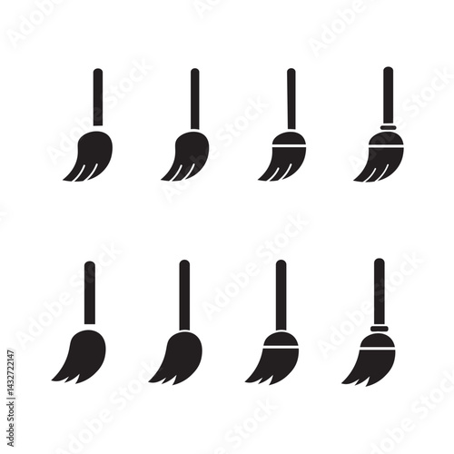 Thin Outline Icon Broom, Besom or Short Brush of Bound Straw Near a Pile of Garbage. Such Line sign as Cleaning Garbage, Cleanup, Sweeping. Vector Computer Pictograms White Background Editable Stroke.