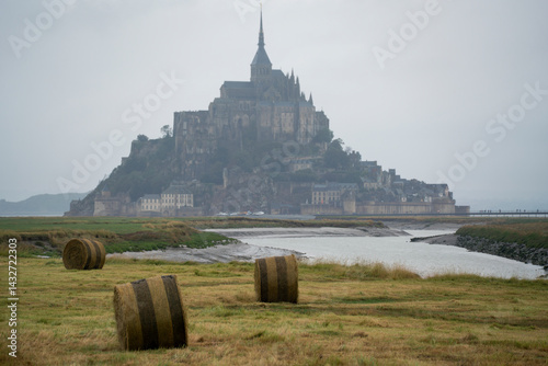 A misty view of Mont-Saint-Michel rises majestically beyond grassy fields and hay bales, blending nature with medieval architecture.