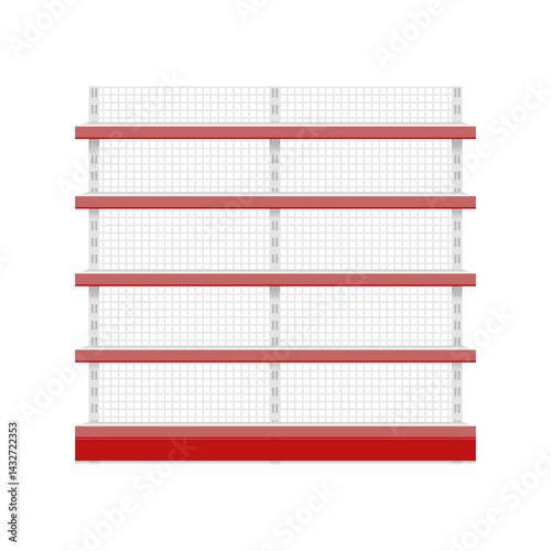 Product showcase with grid. Product display racks for selling. Empty shelves, template, mockup, planogram, red, realistic, supermarket, vector