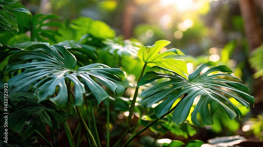 Obraz premium Lush Monstera and Philodendron Leaves in Natural Setting, Close-up Shot, Soft Sunlight Filtering Through, Tropical Atmosphere