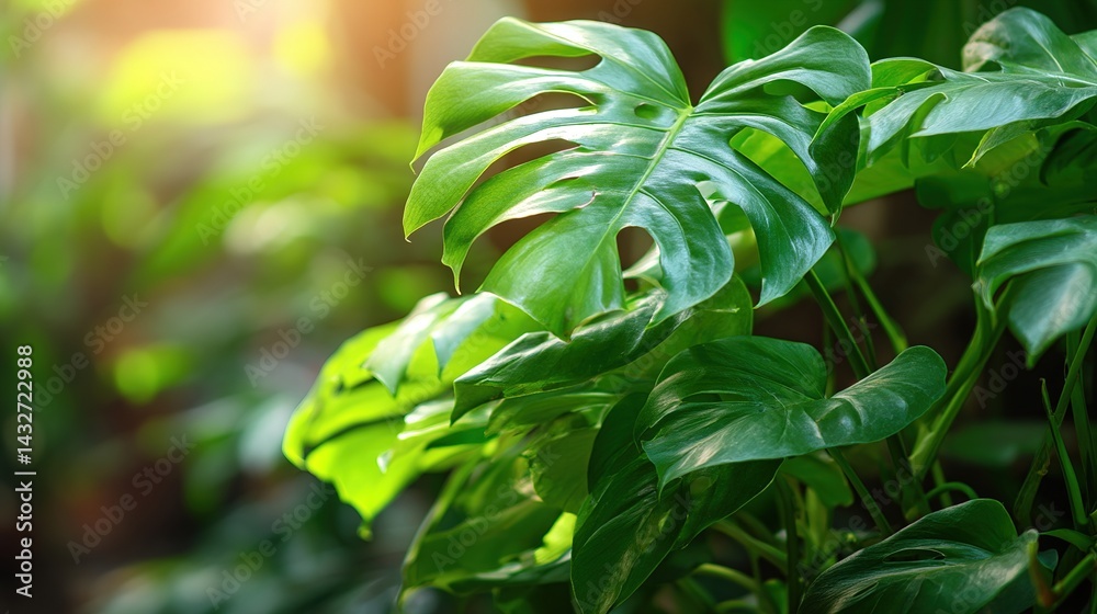 Obraz premium Lush Monstera and Philodendron Leaves in Natural Setting, Close-up Shot, Soft Sunlight Filtering Through, Tropical Atmosphere