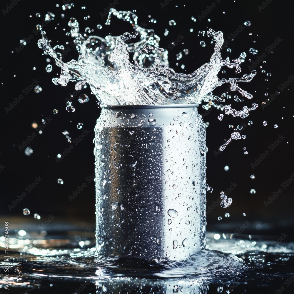 Blank soda beverage can with water splash, product shot at 4k resolution Blank soda beverage can with water splash, product shot at 4k resolution