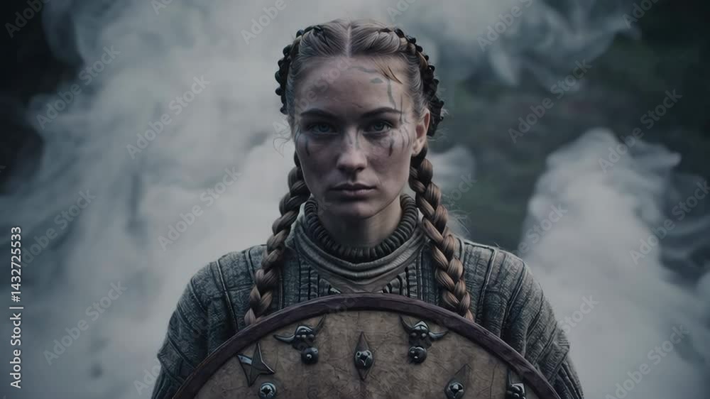 Viking woman warrior holding shield in a smoky forest
