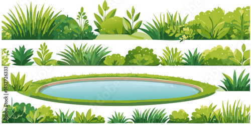 Set of green grass with pond in the spring vector graphic nature design