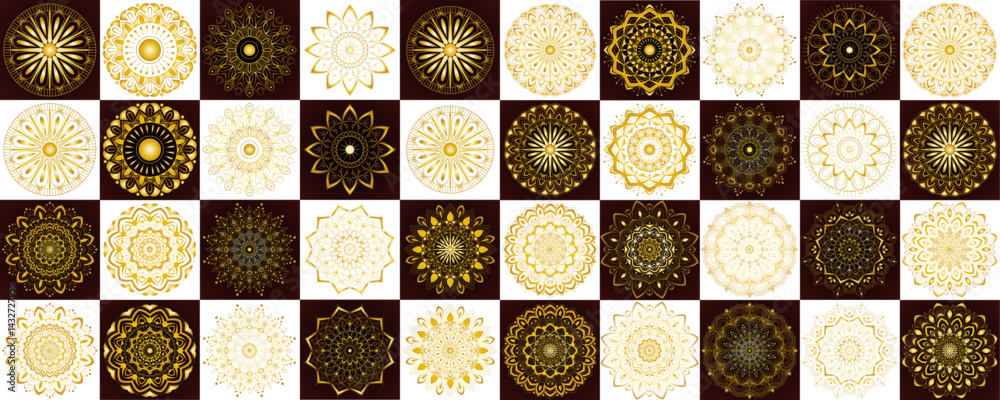 Fototapeta premium Mandala set with creative shape for greeting, card, brand, business, Halfon, packaging, wish, gift card, template, decoration | Abstract floral icon set with black-white background red stroke 40 shape