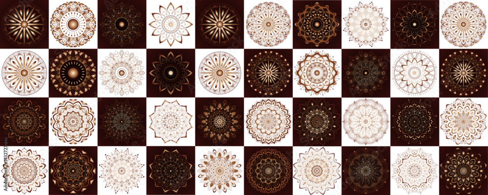 Naklejka premium Mandala set with creative shape for greeting, card, brand, business, Halfon, packaging, wish, gift card, template, decoration | Abstract floral icon set with black-white background red stroke 40 shape