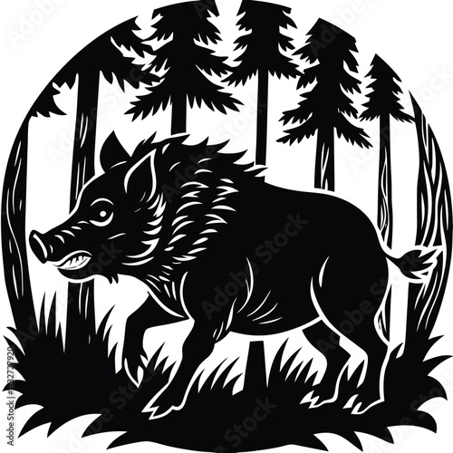 Silhouette of Boar Running Through Forest, Monochrome Wildlife, Nature, Black and White