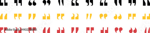 Abstract quotation marks vector set with flat black quote symbols, talking marks, inverted commas, and speech bubble elements, perfect for quotes, messages, and typographic designs