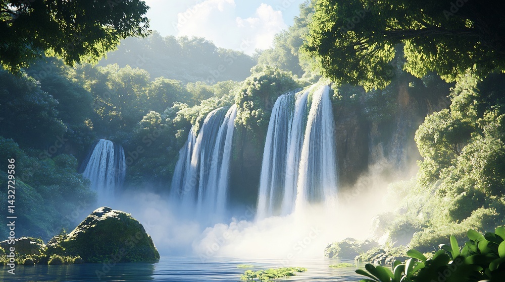 Fototapeta premium Serene Waterfall: Lush Greenery, Misty Cascades, Tranquil Scene