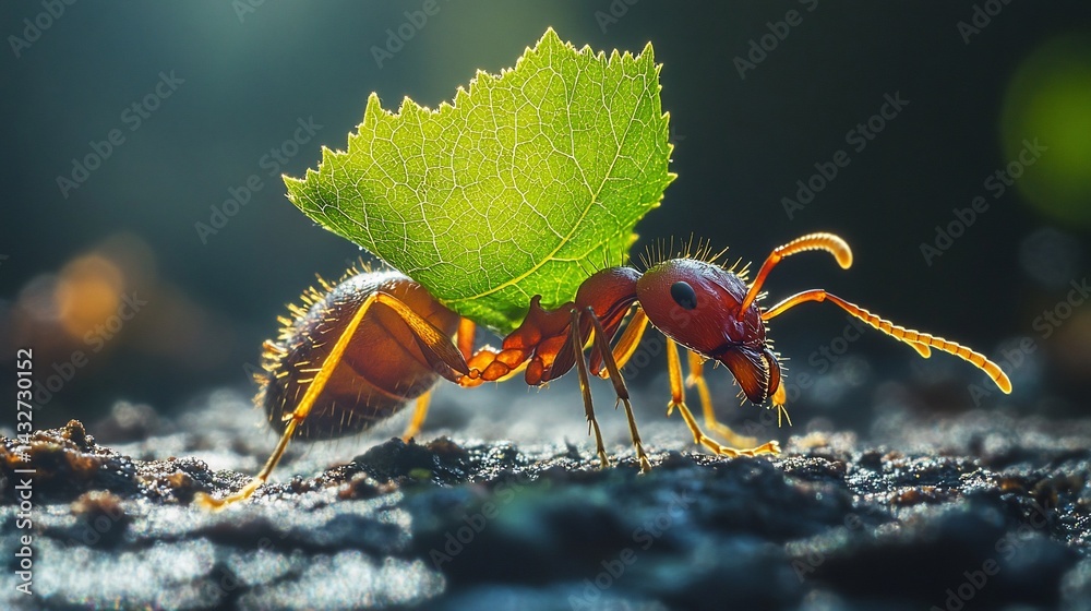 Fototapeta premium Ant carrying leaf, on ground, lit by sun, dark, blurred background