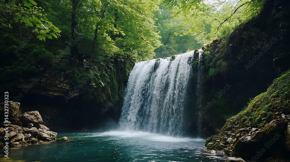 Fototapeta premium Serene Waterfall Cascading Through Lush Forest: A Tranquil Nature Scene