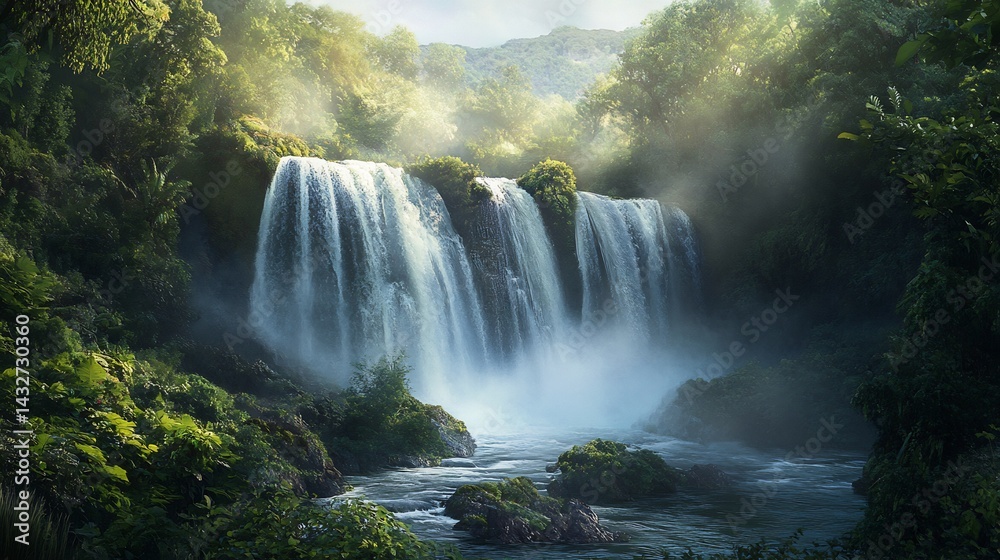 Fototapeta premium Serene Waterfall: Lush Tropical Paradise, Misty Sunlight, Dreamlike Art