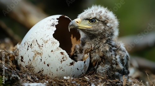 A baby eagle hatching from a large, cracked egg