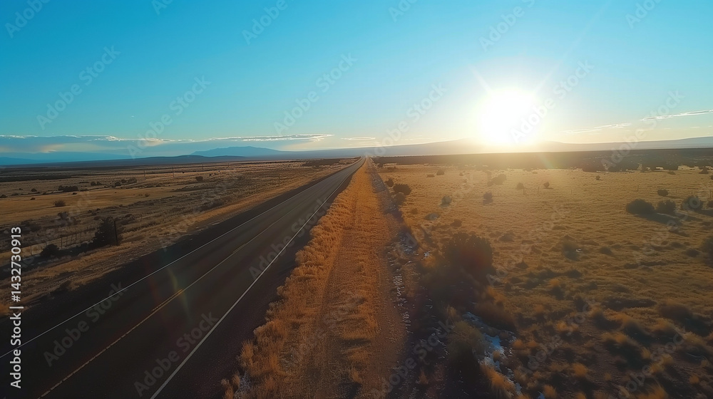 Fototapeta premium Aerial View of an Endless Highway Stretching into the Horizon Under a Golden Sunset, Symbolizing Boundless Opportunities and the Journey of Life