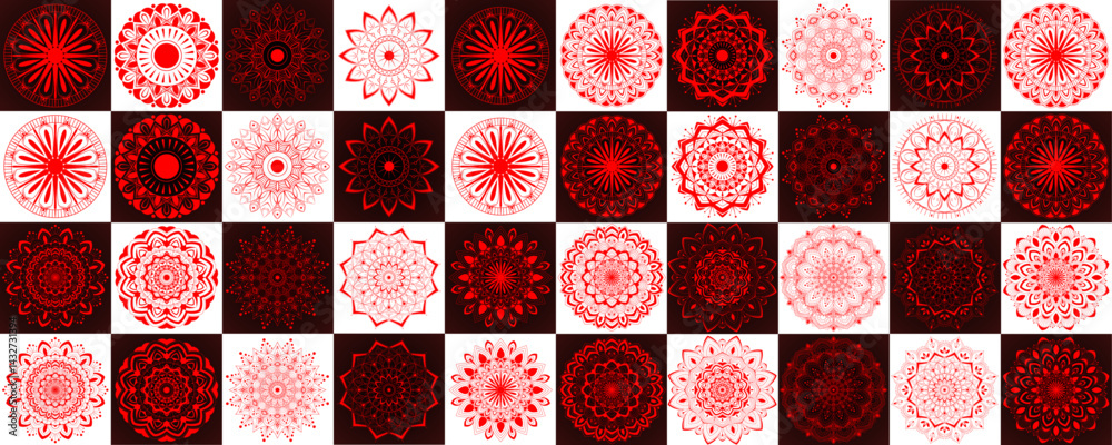 Naklejka premium Mandala set with creative shape for greeting, card, brand, business, Halfon, packaging, wish, gift card, template, decoration | Abstract floral icon set with black-white background red stroke 40 shape