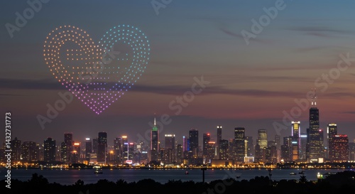 Heart shape light show from drones over a city skyline at sunset showing love and celebration, drone air show event for holiday concept