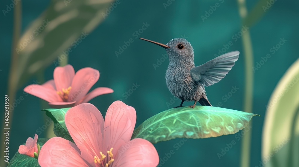 Fototapeta premium A baby hummingbird perched on a flower, learning to fly